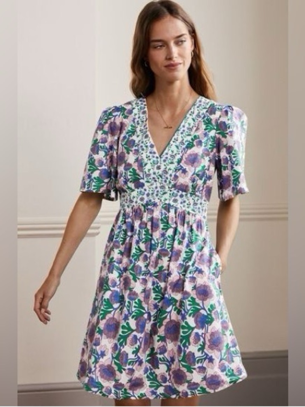 Boden V-Neck Contrast Detail Dress Multi Terrace Bud Floral Boho Size 12P